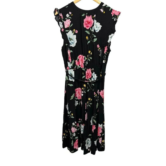 Old Navy Ruffle Flutter Sleeve Tiered Black Floral Midi Dress Size XL Tie Waist - Picture 2 of 5